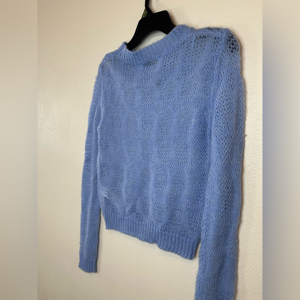 Zara Womens Knitted Sweater Pullover Feather Fringe Size M Blue Wool Blend - Picture 7 of 11